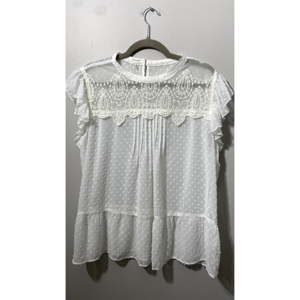 Maurices Women's Large Y2K Sheer Lace Shirt Polkadots Romantic BOHO Cottagecore